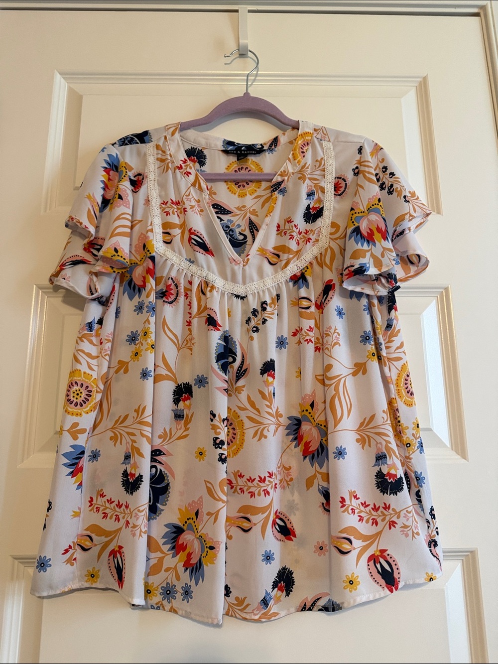 Zac & Rachel Cream Floral Ruffle Sleeve Blouse